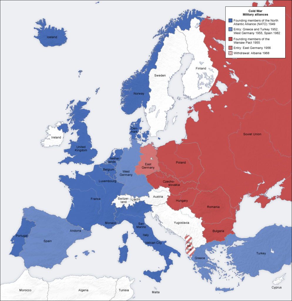 Países membros da OTAN (Azul) e Pacto de Varsóvia (Vermelho)